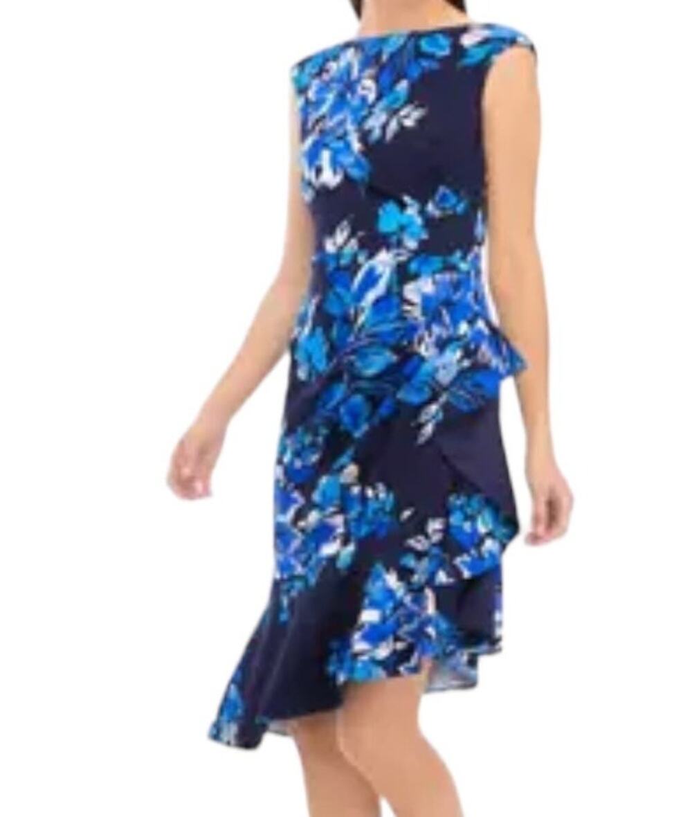 Eliza J Dress boat neck cascade ruffle sheath blue size 8